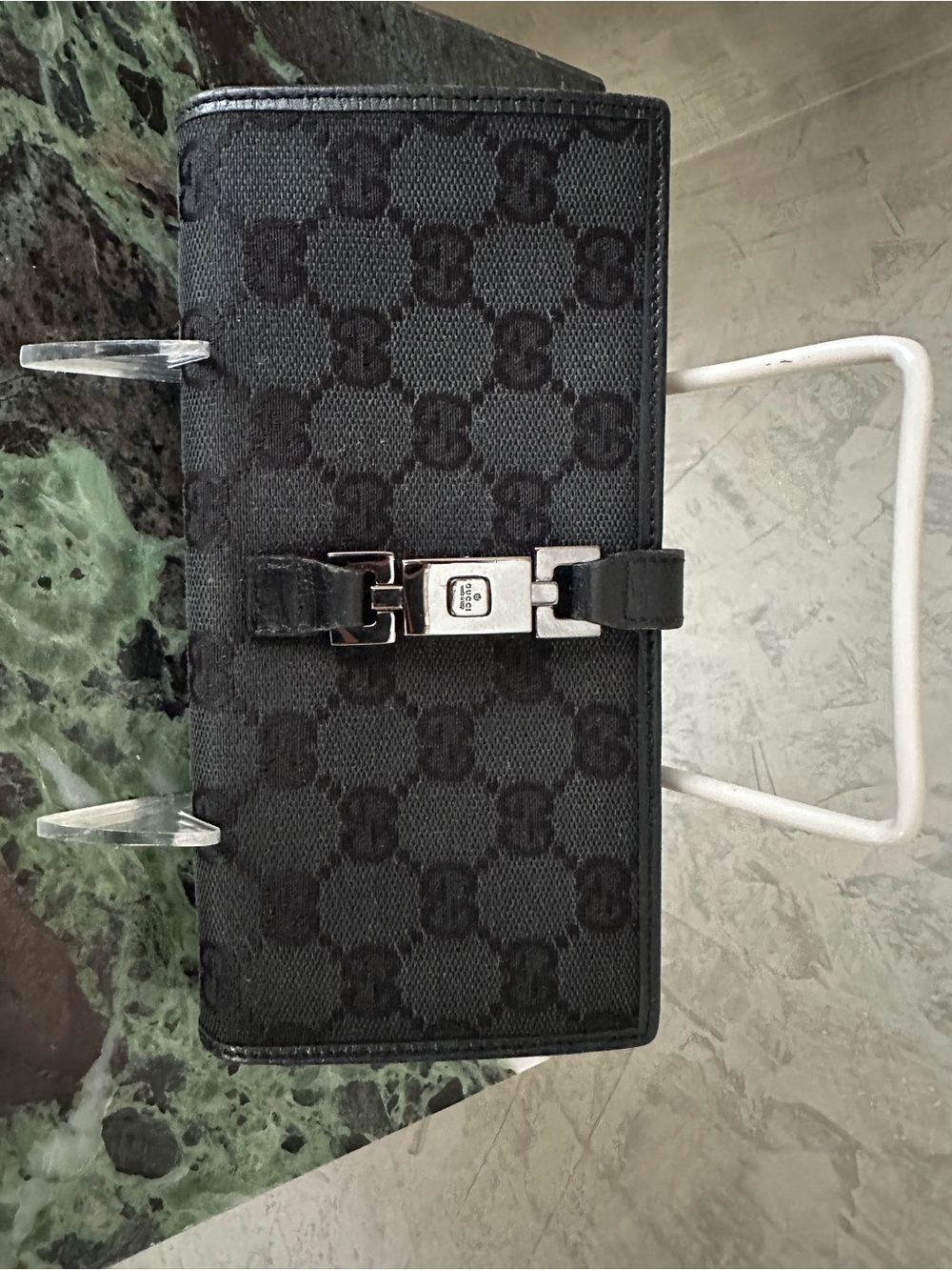 Gucci Black GG Canvas women long Wallet with Silver Clasp